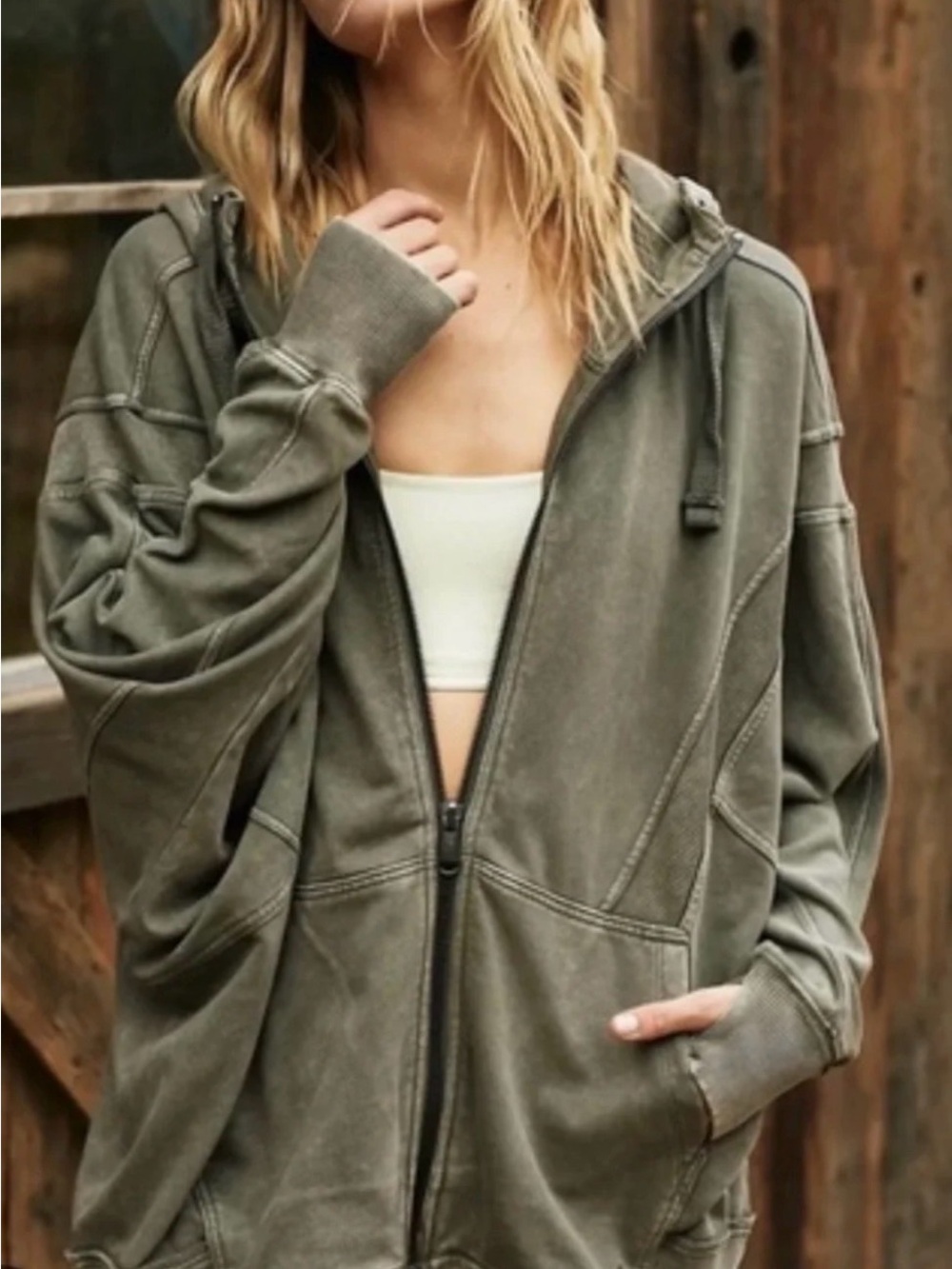 Free People Olive Zip-Up Hoodie